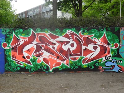 Red and White Stylewriting by News. This Graffiti is located in Tilburg, Netherlands and was created in 2014. This Graffiti can be described as Stylewriting, Wall of Fame and Characters.