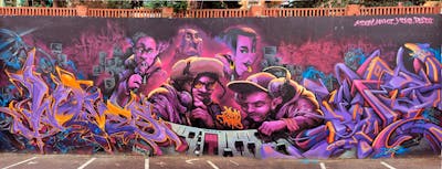 Coralle and Violet and Orange Stylewriting by YEKO, Rudi, Asem and Manz. This Graffiti is located in Alicante, Spain and was created in 2023. This Graffiti can be described as Stylewriting, Characters, Streetart and Murals.