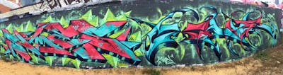 Red and Cyan Wall of Fame by Xhale and Somes. This Graffiti is located in Perth, Australia and was created in 2022. This Graffiti can be described as Wall of Fame and Stylewriting.