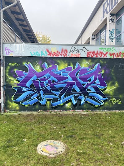 Light Blue and Violet and Light Green Stylewriting by Viruz. This Graffiti is located in Hamburg, Germany and was created in 2023. This Graffiti can be described as Stylewriting and Wall of Fame.