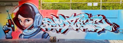 Colorful and Light Blue Stylewriting by Emty. This Graffiti is located in Hainburg Hainstadt, Germany and was created in 2024. This Graffiti can be described as Stylewriting, Characters and Wall of Fame.