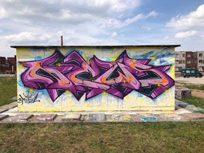 Violet Stylewriting by News. This Graffiti is located in Groningen, Netherlands and was created in 2019. This Graffiti can be described as Stylewriting and Wall of Fame.