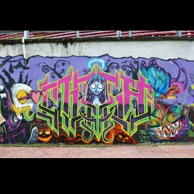 Colorful Characters by MOSH. This Graffiti is located in Kuala Lumpur, Malaysia and was created in 2020. This Graffiti can be described as Characters, Stylewriting and Streetart.