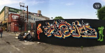Colorful Stylewriting by MOI. This Graffiti is located in Jersey City, United States and was created in 2021. This Graffiti can be described as Stylewriting, Characters and Wall of Fame.