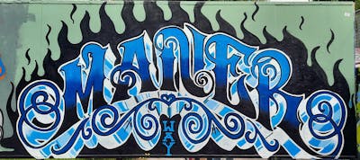 Blue Stylewriting by Maner, fmf and vec. This Graffiti is located in Haarlem, Netherlands and was created in 2022.