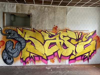 Yellow and Grey and Violet Stylewriting by Safi. This Graffiti is located in Germany and was created in 2023. This Graffiti can be described as Stylewriting, Characters and Abandoned.