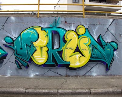 Cyan and Yellow Stylewriting by APSET, DEM and Merlin. This Graffiti is located in Katerini, Greece and was created in 2021. This Graffiti can be described as Stylewriting and Wall of Fame.