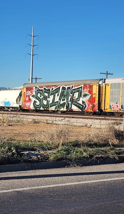 Colorful and White Stylewriting by Seimr. This Graffiti is located in United States and was created in 2024. This Graffiti can be described as Stylewriting, Trains and Freights.