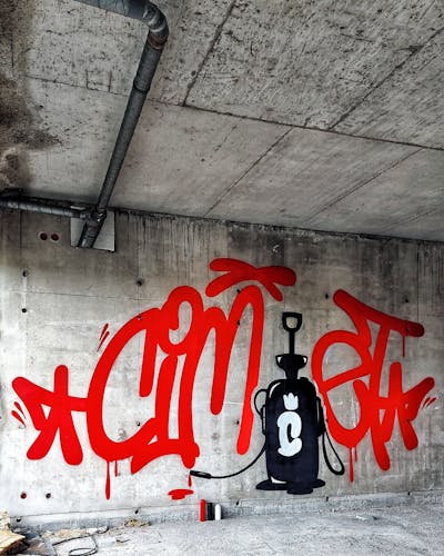 Red and Black Handstyles by Cimet. This Graffiti is located in Zagreb, Croatia and was created in 2023. This Graffiti can be described as Handstyles, Characters and Abandoned.