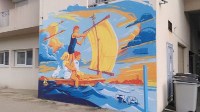 Light Blue and Orange and Yellow Characters by Tris. This Graffiti is located in Paimpol, France and was created in 2023. This Graffiti can be described as Characters, Streetart and Murals.