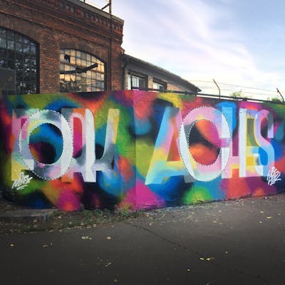 Colorful and White Stylewriting by Fork Imre and Aches. This Graffiti is located in Budapest, Hungary and was created in 2018. This Graffiti can be described as Stylewriting and Futuristic.
