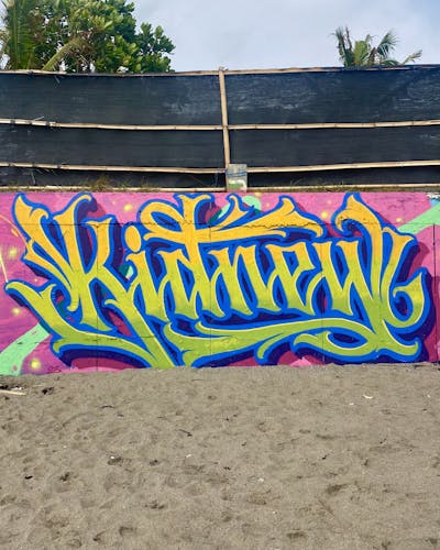 Yellow and Coralle and Blue Stylewriting by Kidney. This Graffiti is located in Bali, Indonesia and was created in 2023.