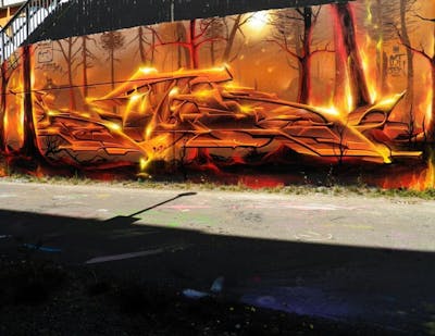 Orange Stylewriting by Köter. This Graffiti is located in Leipzig, Germany and was created in 2019. This Graffiti can be described as Stylewriting, Futuristic, Characters and Wall of Fame.