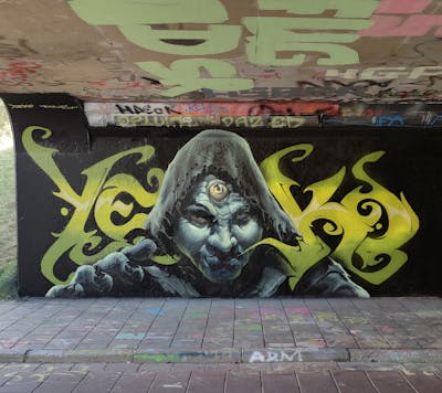 Grey and Light Green Stylewriting by YEKO. This Graffiti is located in Eindhoven, Netherlands and was created in 2021. This Graffiti can be described as Stylewriting, Characters and Wall of Fame.