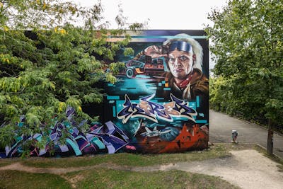 Cyan and Orange and Violet Murals by Graff.Funk, Aser, MIREA and Chr15. This Graffiti is located in Leipzig, Germany and was created in 2023. This Graffiti can be described as Murals, Stylewriting and Characters.