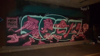 Coralle and Cyan Characters by urine, Hülpman and OST. This Graffiti is located in Ljubljana, Slovenia and was created in 2019. This Graffiti can be described as Characters and Stylewriting.