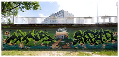 Light Green and Black Characters by MANOS, SPAR and CREW 865. This Graffiti is located in Bayreuth, Germany and was created in 2018. This Graffiti can be described as Characters, Stylewriting and Wall of Fame.