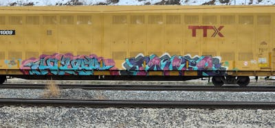 Cyan and Coralle Stylewriting by House and Touer. This Graffiti is located in United States and was created in 2021. This Graffiti can be described as Stylewriting, Trains, Freights and Atmosphere.