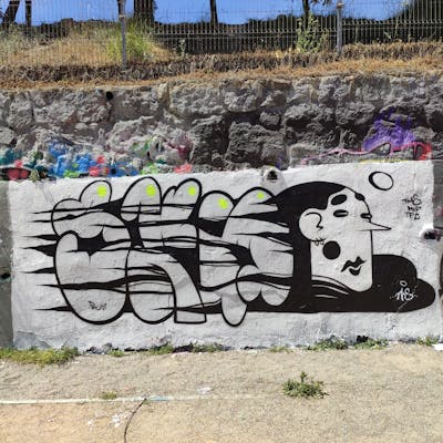 White and Black Throw Up by NKS. This Graffiti is located in madrid, Spain and was created in 2023. This Graffiti can be described as Throw Up, Characters and Stylewriting.