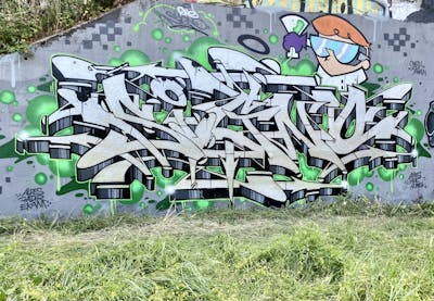 Chrome and Light Green and Grey Stylewriting by Signo. This Graffiti is located in France and was created in 2023. This Graffiti can be described as Stylewriting, Characters and Wall of Fame.