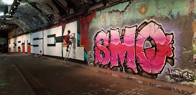 Coralle and White Stylewriting by smo__crew and hertse1. This Graffiti is located in London, United Kingdom and was created in 2021. This Graffiti can be described as Stylewriting, Roll Up and Atmosphere.