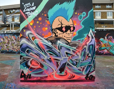 Colorful Stylewriting by CDSK and Chips. This Graffiti is located in London, United Kingdom and was created in 2023. This Graffiti can be described as Stylewriting, Characters, Streetart and Wall of Fame.
