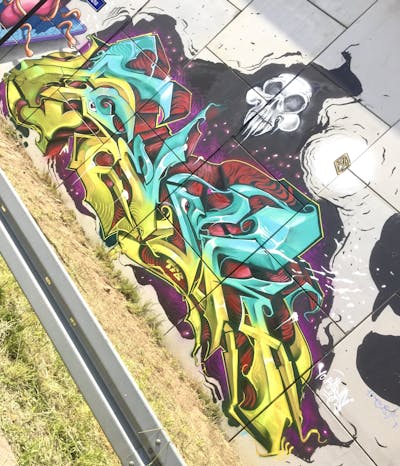 Colorful Stylewriting by Fresk. This Graffiti is located in Nowa Sol, Poland and was created in 2021. This Graffiti can be described as Stylewriting, Characters and Wall of Fame.