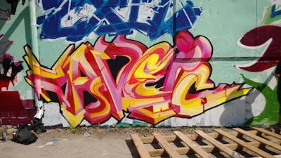 Yellow and Coralle Stylewriting by Havek, IC, UGN, BMK and CMK. This Graffiti is located in Toledo, United States and was created in 2014. This Graffiti can be described as Stylewriting and 3D.
