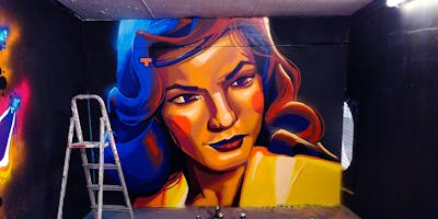 Orange and Light Blue and Yellow Characters by Tris. This Graffiti is located in London, United Kingdom and was created in 2023. This Graffiti can be described as Characters and Streetart.