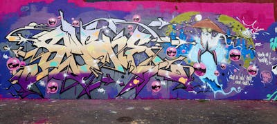 Colorful Stylewriting by SAO2971 and SAONE. This Graffiti is located in St helier, United Kingdom and was created in 2022. This Graffiti can be described as Stylewriting, Characters and Wall of Fame.