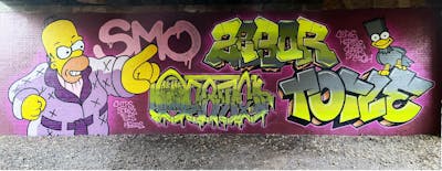 Violet and Light Green and Colorful Stylewriting by Zebor, smo__crew, Deats and Toile. This Graffiti is located in Wolverhampton, United Kingdom and was created in 2022. This Graffiti can be described as Stylewriting, Characters and Wall of Fame.