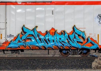 Orange and Light Blue Stylewriting by SWORNE. This Graffiti is located in United States and was created in 2021. This Graffiti can be described as Stylewriting and Trains.