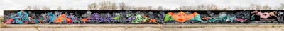 Colorful Stylewriting by mobar, Pork, urine, Peter Fahr Junior, OST, Tenk, Pank and Syck. This Graffiti is located in Delitzsch, Germany and was created in 2019. This Graffiti can be described as Stylewriting and Characters.