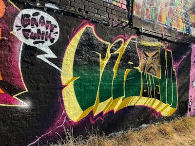 Colorful and Yellow Stylewriting by Sirom. This Graffiti is located in Leipzig, Germany and was created in 2022. This Graffiti can be described as Stylewriting, Characters and Wall of Fame.