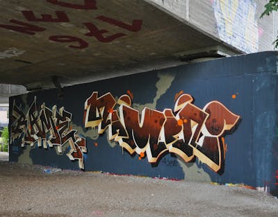Brown and Beige and Blue Stylewriting by RAME and HAMPI. This Graffiti is located in Oldenburg, Germany and was created in 2023. This Graffiti can be described as Stylewriting and Wall of Fame.