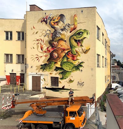 Colorful Characters by Abys. This Graffiti is located in Podebrady RCZ, France and was created in 2021. This Graffiti can be described as Characters, Murals, Streetart and Commission.
