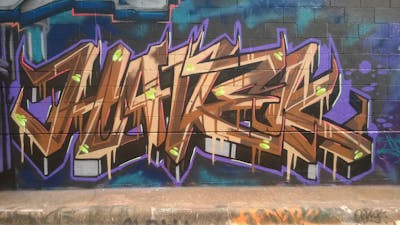 Violet and Brown Stylewriting by Havek, IC, UGN, BMK and CMK. This Graffiti is located in Houston, United States and was created in 2014. This Graffiti can be described as Stylewriting and Wall of Fame.
