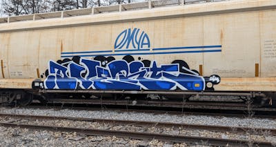 Blue and Black and White Stylewriting by OVERT. This Graffiti is located in United States and was created in 2023. This Graffiti can be described as Stylewriting, Freights and Trains.