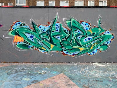 Green and Light Blue Stylewriting by Chips and CDSK. This Graffiti is located in London, United Kingdom and was created in 2023. This Graffiti can be described as Stylewriting and Wall of Fame.