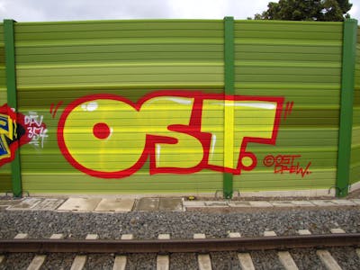 Red and Yellow Stylewriting by kafor, urine, mobar, Pizar and OST. This Graffiti is located in Leipzig, Germany and was created in 2016. This Graffiti can be described as Stylewriting and Line Bombing.