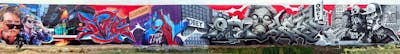 Colorful Stylewriting by Miedo12, Dime, Seb, Soez, YEKO and Conde. This Graffiti is located in Valencia, Spain and was created in 2023. This Graffiti can be described as Stylewriting, Characters, Streetart and Murals.