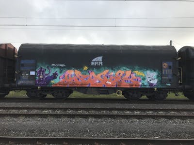 Colorful and Orange Trains by Spocey, TML, cab, WH and IFC. This Graffiti is located in Belgium and was created in 2020. This Graffiti can be described as Trains, Characters and Stylewriting.