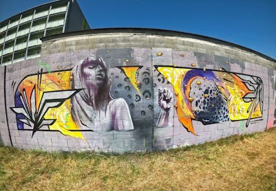 Yellow and Colorful Stylewriting by Notes, BTS, POK and Orol. This Graffiti is located in Kysucke Nove Mesto, Slovakia and was created in 2022. This Graffiti can be described as Stylewriting, Characters and Streetart.