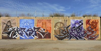 Beige and Colorful Characters by herer and YEKO. This Graffiti is located in Valencia, Spain and was created in 2020. This Graffiti can be described as Characters and Stylewriting.