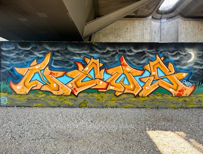 Orange and Colorful Stylewriting by News. This Graffiti is located in Regensburg, Germany and was created in 2023.