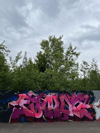 Coralle and Violet Stylewriting by Fumok. This Graffiti is located in Leipzig, Germany and was created in 2022. This Graffiti can be described as Stylewriting and Wall of Fame.