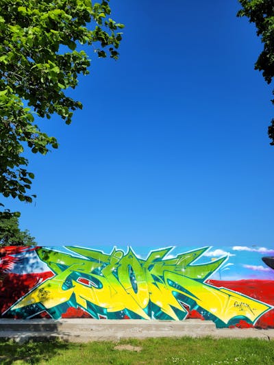 Red and Light Green and Colorful Stylewriting by Riots. This Graffiti is located in Oschatz, Germany and was created in 2023.