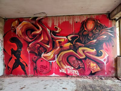 Red and Black Stylewriting by Cabe. This Graffiti is located in Białystok, Poland and was created in 2023. This Graffiti can be described as Stylewriting, Characters, 3D and Abandoned.