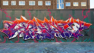 White and Violet and Red Stylewriting by Techno, CAS and PAB. This Graffiti is located in London, United Kingdom and was created in 2023. This Graffiti can be described as Stylewriting and Wall of Fame.