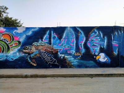 Blue and Colorful Stylewriting by Aek. This Graffiti is located in Acapulco, Mexico and was created in 2022. This Graffiti can be described as Stylewriting and Characters.